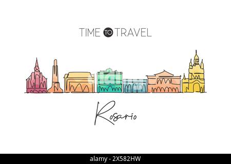 Una linea continua che disegna lo skyline di Rosario, Argentina. Splendida cartolina. Turismo paesaggistico mondiale vacanze di viaggio. st. Elegante modificabile Illustrazione Vettoriale