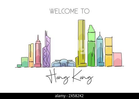 Un disegno su una sola linea dello skyline di Hong Kong, Cina. Paesaggio della città storica, decorazioni murali, stampa di poster artistici. La migliore destinazione per le vacanze. Alla moda Illustrazione Vettoriale