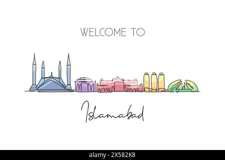 Un disegno continuo dello skyline della città di Islamabad, Pakistan. Splendido punto di riferimento della città. Turismo paesaggistico mondiale e vacanza di viaggio. Stilisti modificabili Illustrazione Vettoriale