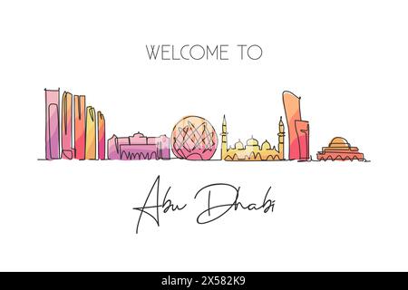 Un disegno continuo dello skyline della città di Abu Dhabi, Emirati Arabi Uniti. Splendido punto di riferimento della città. Turismo paesaggistico mondiale e viaggi . st. Modificabile Illustrazione Vettoriale