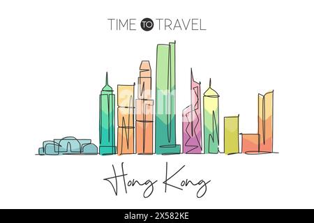 Una linea continua che disegna lo skyline di Hong Kong, Cina. Splendida stampa poster decorata a parete. Turismo paesaggistico mondiale vacanze di viaggio. Ry Illustrazione Vettoriale