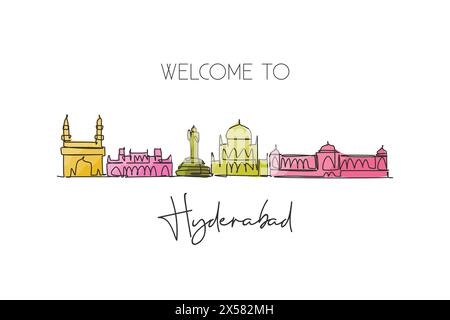 Un disegno continuo dello skyline della città di Hyderabad, India. Splendido poster decorato con pareti in stile urbano. Turismo paesaggistico mondiale vacanze di viaggio. Styl Illustrazione Vettoriale