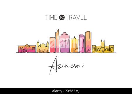 Linea singola continua che traccia lo skyline di Asuncion, Paraguay. Famoso raschietto per la città, paesaggio, arredamento per la casa, stampa di poster. Hotel World Travel Destination Illustrazione Vettoriale