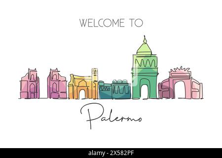 Una linea continua che disegna lo skyline di Palermo, Italia. Bel grattacielo. Turismo del paesaggio del mondo viaggio vacanza parete arredamento concetto poster. Styl Illustrazione Vettoriale