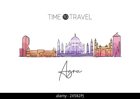 Un disegno su una sola linea dello skyline di Agra, India. Stampa di poster paesaggistici della città storica. La migliore destinazione per le vacanze. Tratto modificabile in continuo Illustrazione Vettoriale