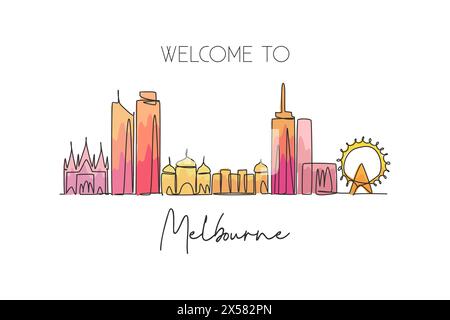 Una linea continua che disegna lo skyline di Melbourne, Australia. Splendido punto di riferimento. Turismo paesaggistico mondiale e vacanza di viaggio. st. Elegante modificabile Illustrazione Vettoriale