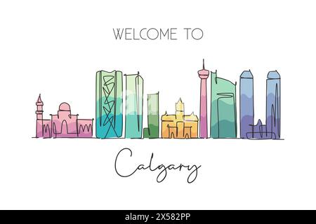 Una linea singola che disegna lo skyline di Calgary, Canada. Cartolina paesaggistica storica mondiale. La migliore destinazione per le vacanze. Tratto modificabile alla moda Illustrazione Vettoriale