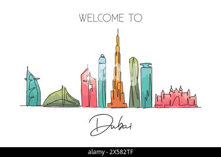 Una linea continua che disegna lo skyline della città di Dubai negli Emirati Arabi Uniti. Splendido punto di riferimento della città. Turismo paesaggistico mondiale e viaggi. Elegante e modificabile Illustrazione Vettoriale