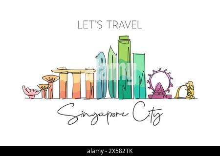 Un disegno a linea singola dello skyline di Singapore. Il paesaggio storico della città nel mondo. Poster delle migliori destinazioni di vacanza art. Tratto modificabile alla moda Illustrazione Vettoriale