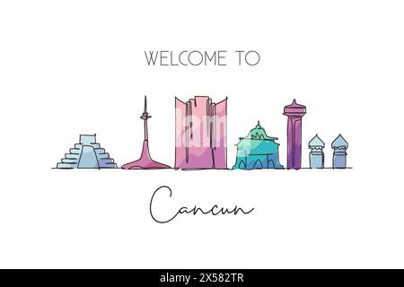 Una linea continua che disegna lo skyline di Cancun, Messico. Splendida cartolina. Turismo paesaggistico mondiale e vacanza di viaggio. st. Elegante modificabile Illustrazione Vettoriale