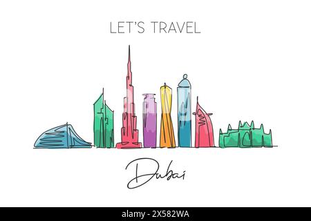 Un disegno su una sola linea dello skyline di Dubai, Emirati Arabi Uniti. Paesaggio storico cartolina d'arte. La migliore destinazione per le vacanze. Tratto modificabile tren Illustrazione Vettoriale