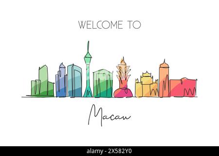 Un disegno a linea singola dello skyline di Macao, Cina. Il paesaggio storico della città nel mondo. La migliore destinazione per le vacanze. Tratto modificabile alla moda Illustrazione Vettoriale