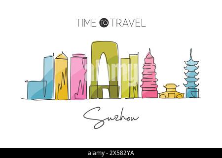 Un disegno a linea singola dello skyline della città di Suzhou, Cina. Paesaggio storico della città. La migliore destinazione per le vacanze, arredamento da parete, stampa di poster artistici. Co. Alla moda Illustrazione Vettoriale