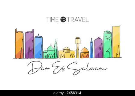 Un disegno a linea singola dello skyline di Dar es Salaam, Tanzania. Stampa cartoline paesaggio luogo storico. La migliore destinazione per le vacanze. Traccia modificabile Illustrazione Vettoriale