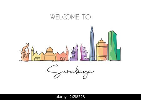 Un disegno su una sola linea dello skyline della città di Surabaya, Indonesia. Città storica paesaggio casa decorazione murale poster stampa arte. La migliore destinazione per le vacanze. TREN Illustrazione Vettoriale