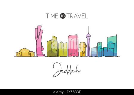 Un disegno su una sola linea dello skyline della città di Jeddah, Arabia Saudita. Il paesaggio storico della città. La migliore destinazione per le vacanze con decorazioni a parete e stampa di poster. Tendenza Illustrazione Vettoriale