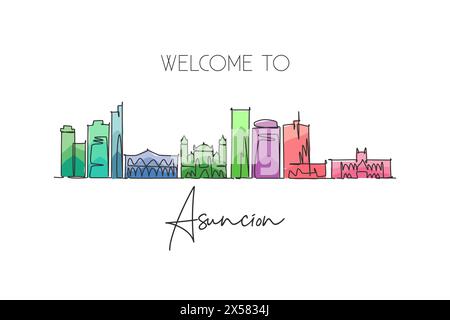 Una linea continua che disegna lo skyline della città di Asunción, Paraguay. Splendida cartolina. Turismo paesaggistico mondiale vacanze di viaggio. st. Elegante modificabile Illustrazione Vettoriale