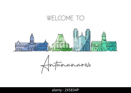 Un disegno continuo dello skyline di Antananarivo, Madagascar. Splendido punto di riferimento della città. Turismo paesaggistico mondiale e viaggi. st. Elegante modificabile Illustrazione Vettoriale