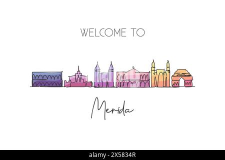 Una linea continua che disegna lo skyline di Merida, Messico. Splendida stampa da cartolina. Turismo paesaggistico mondiale vacanze di viaggio. Elegante e modificabile Illustrazione Vettoriale