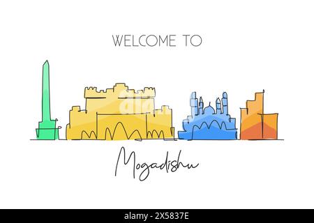 Una linea singola che disegna lo skyline della città di Mogadiscio, Somalia. Luogo storico, paesaggio nel mondo. Cartolina delle migliori destinazioni di vacanza. Trend tratto modificabile Illustrazione Vettoriale