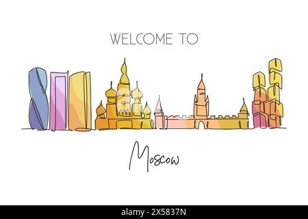 Un disegno continuo dello skyline di Mosca, Russia. Splendido punto di riferimento. Mondo paesaggio turismo viaggi vacanza decorazione murale arte poster stampa. S Illustrazione Vettoriale