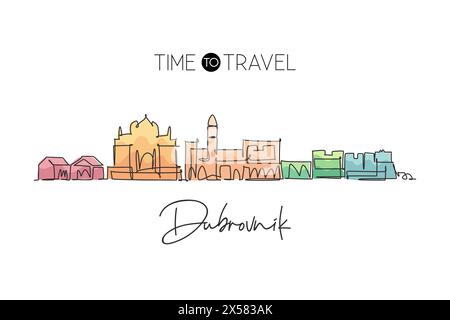 Disegno a linea singola continua dello skyline della città di Dubrovnik, Croazia. Il famoso paesaggio cittadino dei raschiatori. World Travel Concept Home wall decor poster print ar Illustrazione Vettoriale
