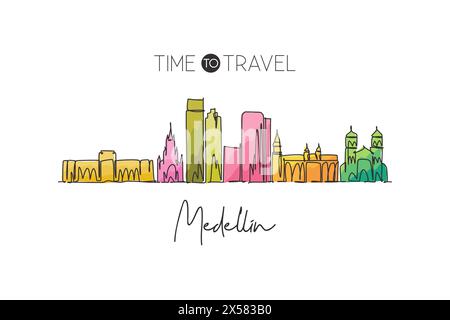 Disegno a linea singola continua dello skyline di Medellin, Colombia. Famoso raschietto e paesaggio cittadino. Concetto di destinazione di viaggio mondiale. Strok modificabile Illustrazione Vettoriale