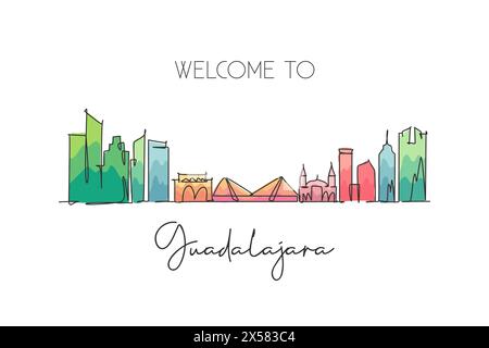 Una linea continua che disegna lo skyline di Guadalajara, Messico. Splendida cartolina. Turismo paesaggistico mondiale vacanze di viaggio. Eleganti e modificabili Illustrazione Vettoriale