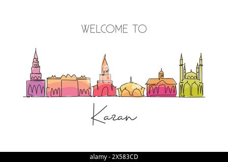 Disegno a linea singola continua dello skyline di Kazan', Russia. Famosa stampa di cartoline paesaggistiche con raschietto cittadino. Concetto di destinazione di viaggio mondiale. Stro modificabile Illustrazione Vettoriale