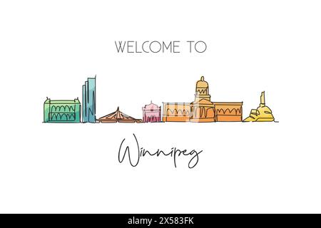 Una linea singola che disegna lo skyline di Winnipeg, Canada. Il paesaggio storico della città. Cartolina della migliore destinazione per le vacanze. Trend tratto modificabile Illustrazione Vettoriale