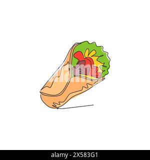 Disegno a linea singola continua etichetta con il logo del negozio di burritos messicani stilizzati. Ristorante fast food Emlem. Moderno design a una linea disegna grafica vettoriale Illustrazione Vettoriale