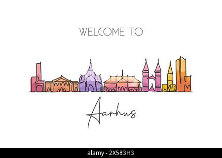 Una linea singola che traccia lo skyline della città di Aarhus, Danimarca. Cartolina paesaggistica storica mondiale. La migliore destinazione per le vacanze. Tratto modificabile alla moda Illustrazione Vettoriale