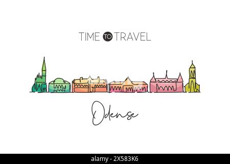 Una linea continua che disegna lo skyline di Odense, Danimarca. Splendido arredamento per la casa, stampa di poster da parete. Turismo paesaggistico mondiale vacanze di viaggio. St Illustrazione Vettoriale