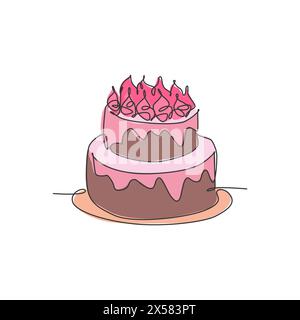 Un'unica linea di una deliziosa torta di compleanno fatta in casa con candele sopra l'illustrazione grafica vettoriale. Concetto distintivo di pasticceria. Illustrazione Vettoriale