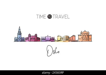 Disegno a linea singola continua dello skyline di Oslo in Norvegia. Famoso raschietto per la città, paesaggio, arredamento per la casa, stampa di poster artistici. Hotel World Travel Destination Illustrazione Vettoriale