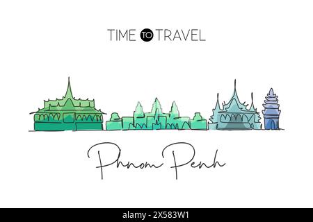 Una linea continua che disegna lo skyline della città di Phnom Penh, Cambogia. Splendido punto di riferimento. Poster di vacanza World landscape Tourism Travel. st. Elegante modificabile Illustrazione Vettoriale