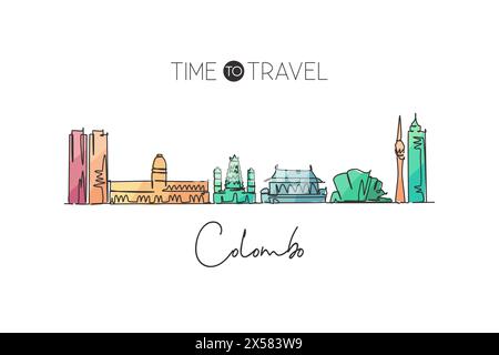 Linea singola continua che disegna lo skyline di Colombo, Sri Lanka. Famoso raschietto per la città, paesaggio, arredamento per la casa, stampa di poster. Hotel World Travel Destination Illustrazione Vettoriale