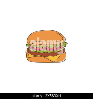 Un disegno su una sola riga dell'illustrazione del vettoriale dell'hamburger americano con il logo Fresh. Menu fast food beefburger Cafe e concetto distintivo del ristorante. Moderno continentale Illustrazione Vettoriale