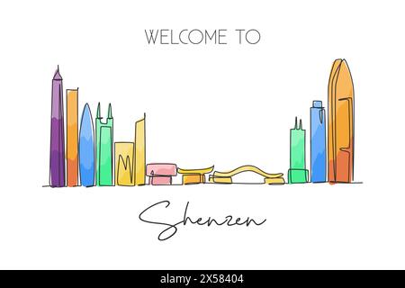 Una linea continua che disegna lo skyline di Shenzhen, Cina. Splendido punto di riferimento. Turismo paesaggistico mondiale e vacanza di viaggio. Tratto elegante modificabile sin Illustrazione Vettoriale