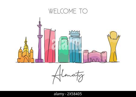 Un disegno continuo dello skyline di Almaty, Kazakistan. Splendido punto di riferimento. Turismo paesaggistico mondiale e vacanza di viaggio. Elegante stro modificabile Illustrazione Vettoriale