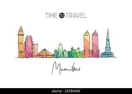 Un disegno su una sola linea dello skyline di Mumbai, India. Il paesaggio storico della città nel mondo. La migliore destinazione per le vacanze. Traccia modificabile per contorni alla moda Illustrazione Vettoriale