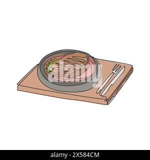 Disegno a linea singola di deliziosa bistecca stilizzata con forchetta e coltello sopra la tovaglietta di legno. Il logo del ristorante Steak. Moderna linea d Illustrazione Vettoriale
