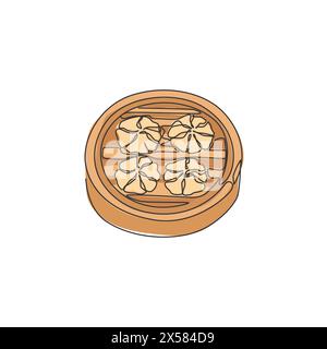 Un disegno a linea singola con il logo del gnocco cinese fresco illustrazione vettoriale. Menu di caffe' con cucina mantou asiatica e concetto distintivo del ristorante. Moderno c Illustrazione Vettoriale