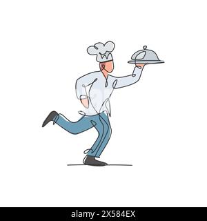 Un disegno su una sola riga di un giovane che corre mentre porta con sé la copertura del vassoio cloche per l'illustrazione vettoriale del logo del servizio di consegna dei pasti. Gastronomia del ristorante Illustrazione Vettoriale