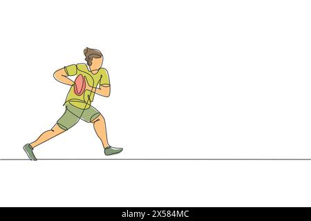 Un disegno continuo di allenamento e allenamento di giovani giocatori di rugby. Concetto di sport aggressivo e competitivo. Disegno dinamico a linea singola V Illustrazione Vettoriale