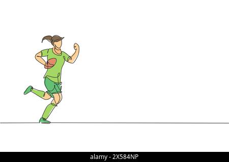 Un disegno a linea singola di un giovane giocatore di rugby che corre e tiene in mano l'illustrazione del vettore della palla. Concetto di sport salutare. Moderna rete lin continua Illustrazione Vettoriale