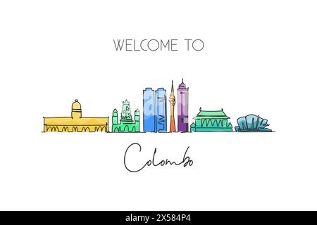 Una linea continua che disegna lo skyline della città di Colombo, Sri Lanka. Splendida cartolina. Turismo paesaggistico mondiale vacanze di viaggio. st. Elegante modificabile Illustrazione Vettoriale