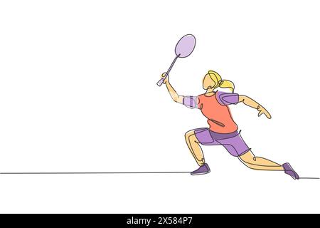 Un disegno su una sola linea di un giovane giocatore di badminton che salta e distrugge l'illustrazione vettoriale del rubinetto. Concetto di sport salutare. Continuou moderno Illustrazione Vettoriale