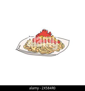 Disegno a linea singola di deliziosi spaghetti italiani con logo. Concetto di ristorante con pasta e spaghetti. Moderno design vettoriale a una linea Illustrazione Vettoriale