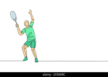 Un disegno continuo di un giovane tennista felice si prepara a servire e colpire la palla. Concetto di sport competitivo. Disegno dinamico a linea singola Illustrazione Vettoriale